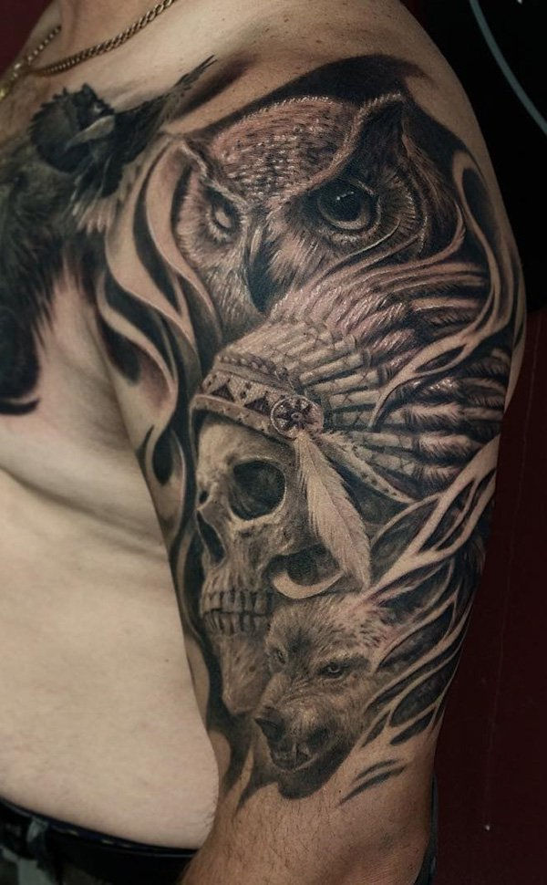 82-sova with indian skull tattoo