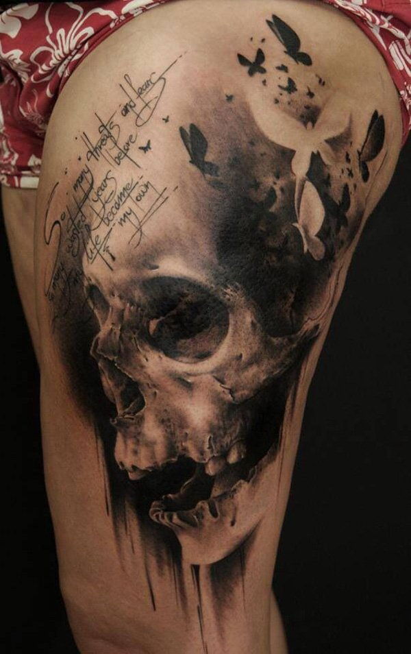 100-lobanja thigh tattoo