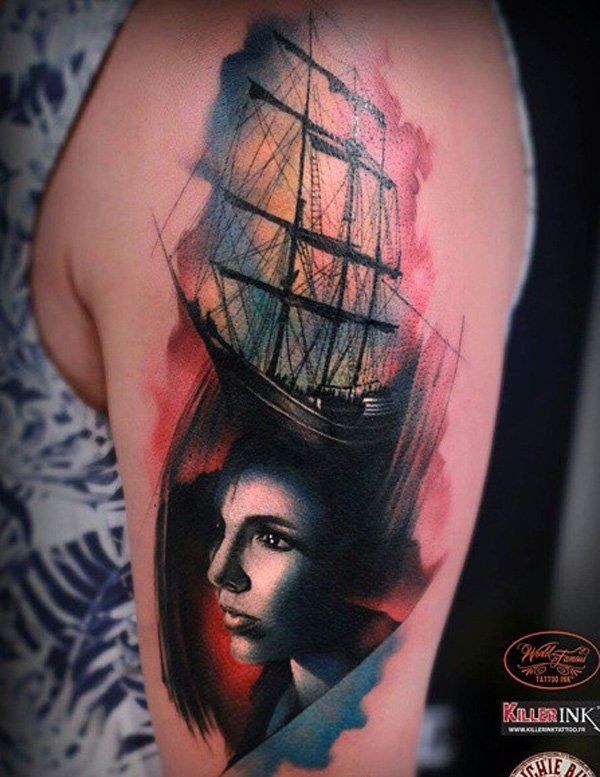 Akvarel boat with portrait tattoo for women-71