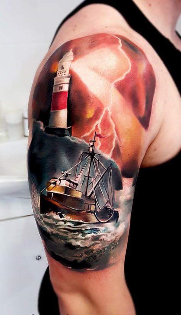 3D Boat with lighthouse half sleeve tattoo-61