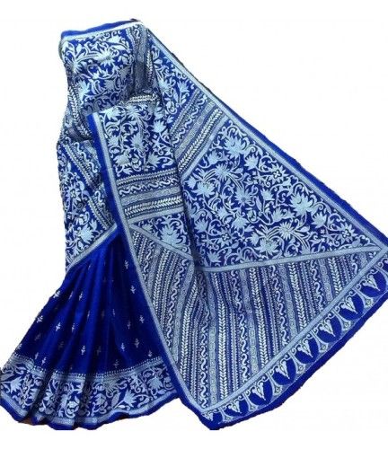 Kantha Sarees-Blue Silk Saree With White Kantha Work 8