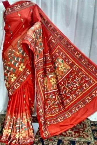 Kantha Sarees-Terracotta Silk Sari In Kantha Work 3
