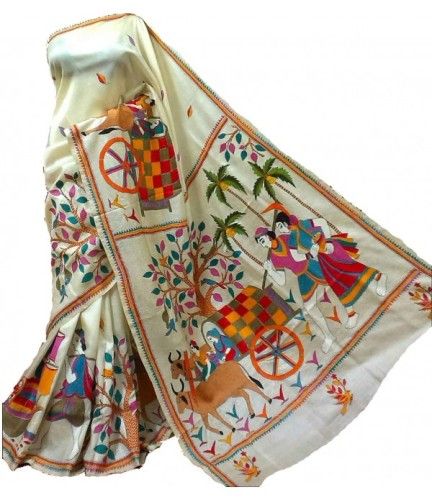 Kantha Sarees-Ivory Coloured Silk Saree With Picture Kantha Stitch 4
