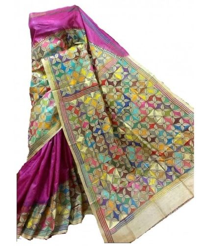 Kantha Sarees-Magenta Sari With Multicolour Kantha Work Sari 5