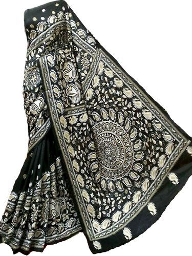 Kantha Sarees-Black And White Kantha Stitch Silk Sari 7