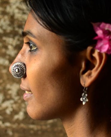 Silver Big Nose Ring in Flower Pattern