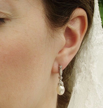 Luxurious fresh water pearl and diamond stud bridal earrings