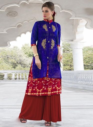Majestic Blue and Red Chanderi Embroidered Kurti