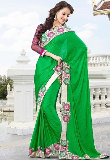 11.Green designer party wear chiffon saree