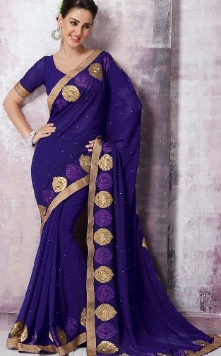 12.Simple violet coloured chiffon saree with golden border
