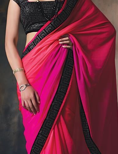 13.Pink chiffon saree with velvet border with stones