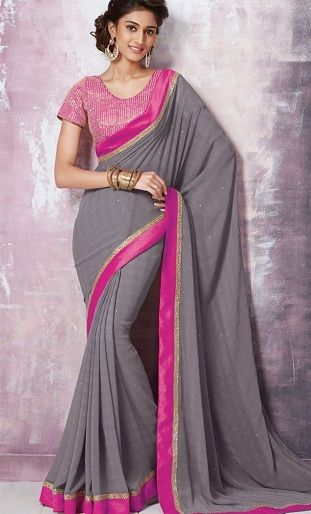 4.Grey coloured designer chiffon saree