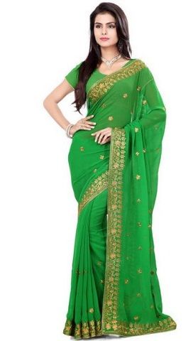9.Pure green coloured chiffon saree with golden works