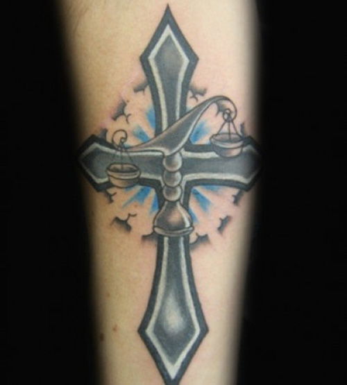 Libra Scales with Cross Tattoo