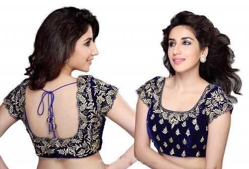 Navy Blue Velvet Blouse with Elaborate Golden Embroidery