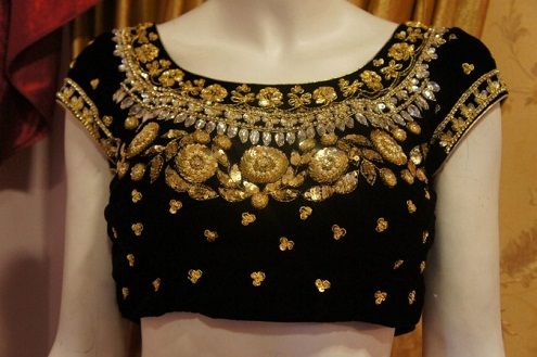 Black Velvet Blouse with Golden Embroidery and Jewellery