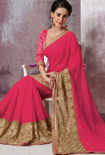 13. Pink coloured designer chiffon and net saree