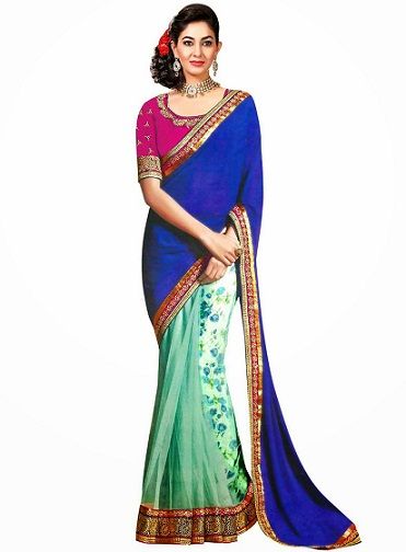 12. Turquoise and blue net and satin border work designer saree