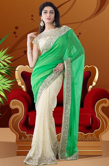 3. Green-cream coloured half and half net saree