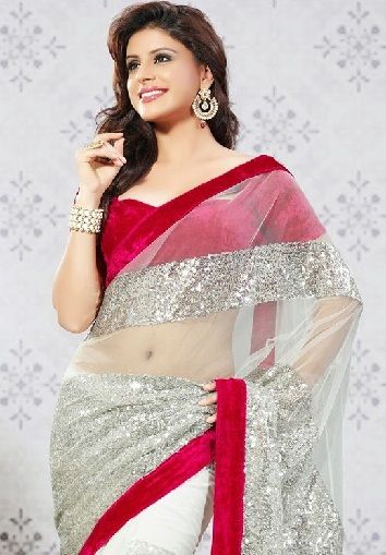 4. Off-white net saree with red velvet border