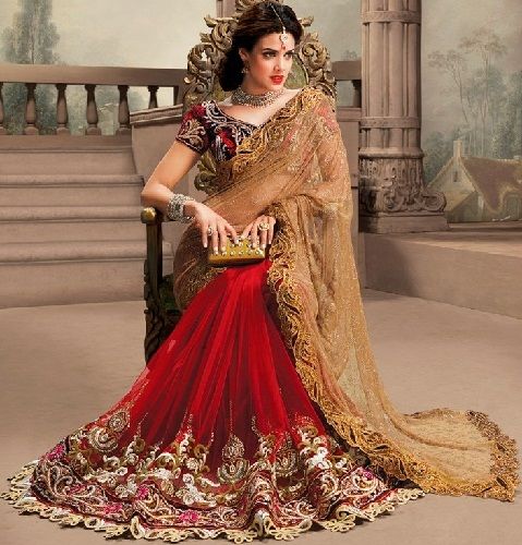 7. Red designer pure net bridal saree
