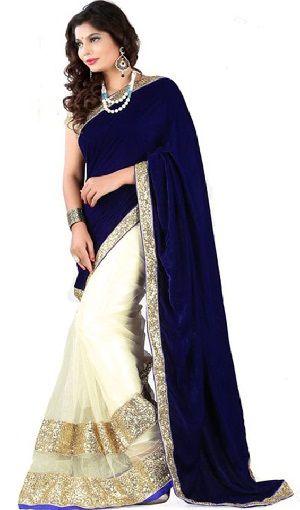 8. Blue and off-white embroidered designer net saree