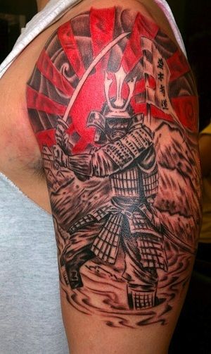 Samuraj Tattoo with Sun And Fuji Mountain