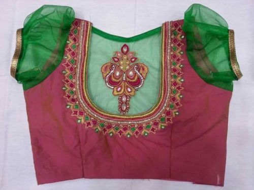 Pink and Green Designer Patchwork Blouse 13