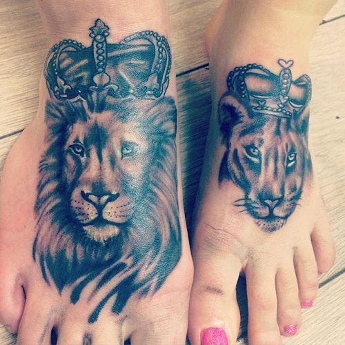 Liūtas King and Queen Crowned Feet Tattoo