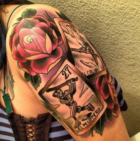 Card tattoo with colored rose tattoo design