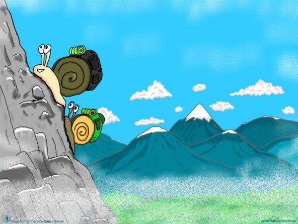 Două cartoon snails climbing a mountain
