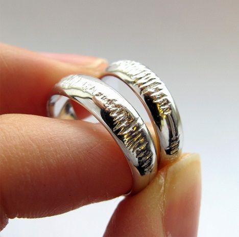 Sound wave with names engraved couples rings