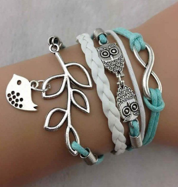 neskončnost handmade silver leather owl bracelef-4