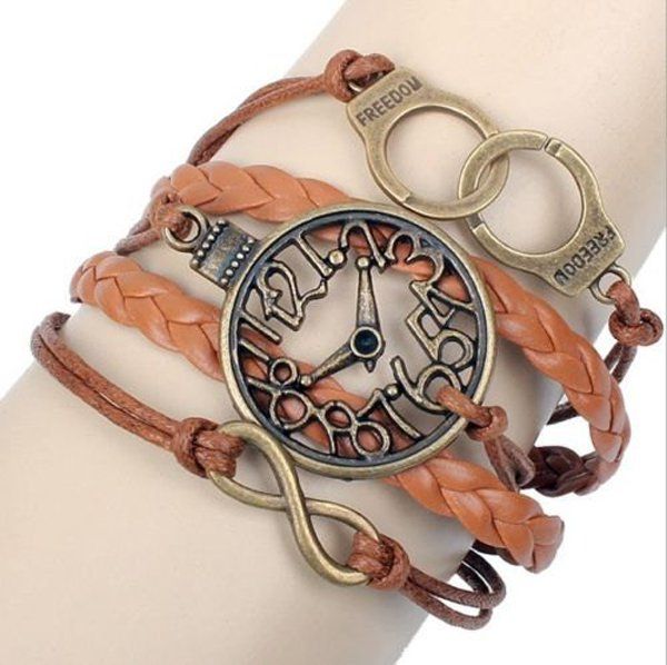 Draugystė Bracelet Handcuffs Clock Leather Cute Charm Bracelet Bronze DIY-9