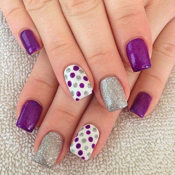 gelnails in purple, silver and white