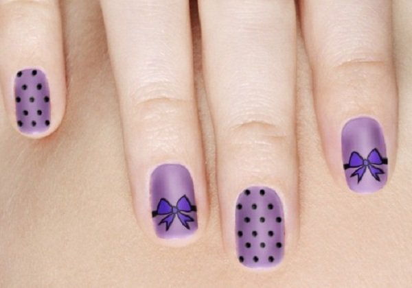 Violet polka dots bows nail art design