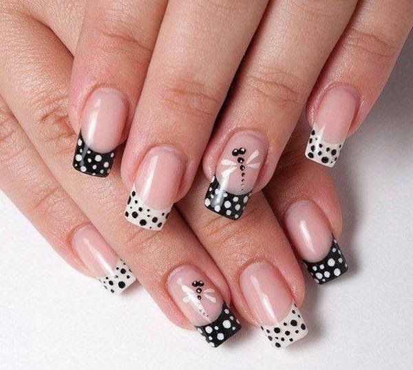 limba franceza nails with black and white polka dots and dragonfly