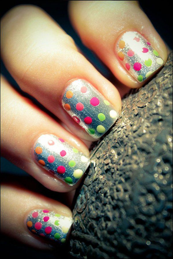 Neon polka dot nails on silver gradient