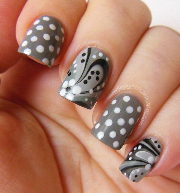 polka dots and grey white water marble nails