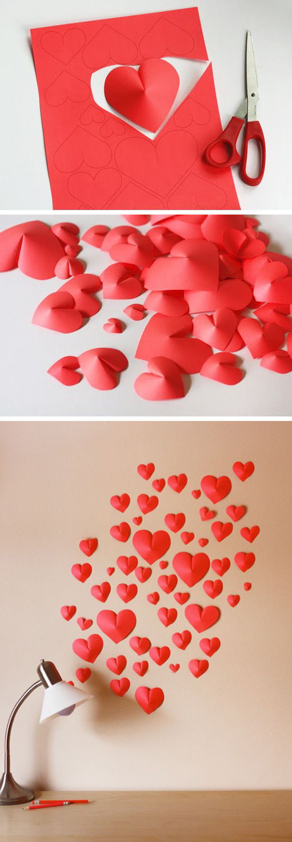 Face a wall of paper hearts. Template for download included
