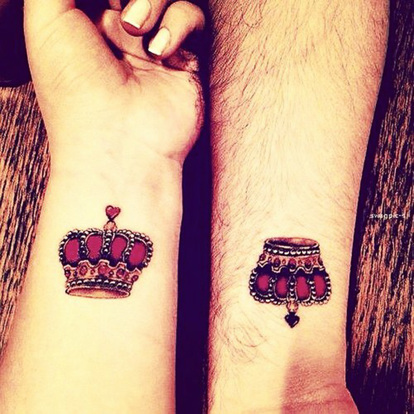 colored crown couple tattoo