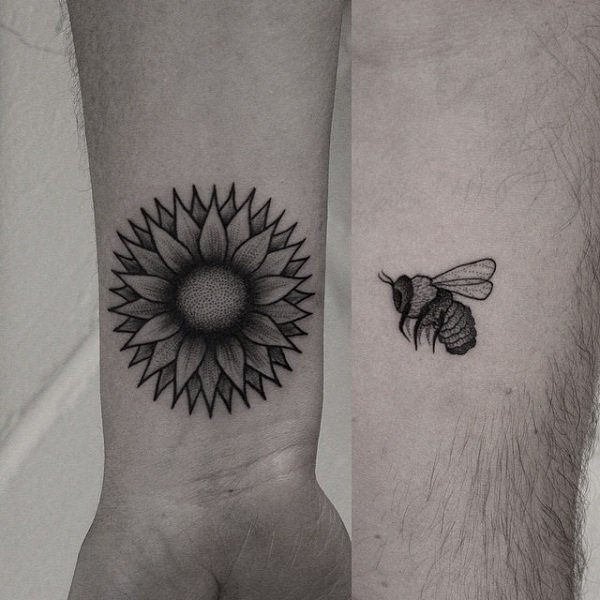 7 flower and bee couple tattoo