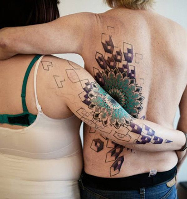 Awesome 3D couple tattoo on arm and back
