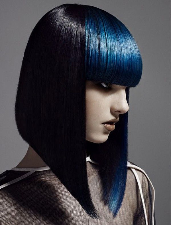 ostro bob contrasts with blunt electric blue fringe