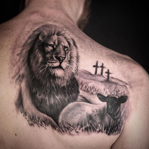Lion Lamb and Cross Tattoo Design