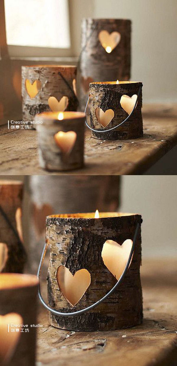Ljubezen the hollowed out pieces of log for candle holders