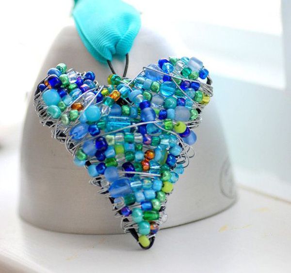 Beaded Wire Heart, Blue and Green Wire Wrapped Ornament