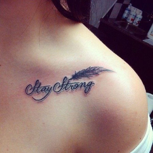 Stay strong feather clavicle tattoo
