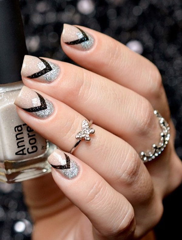 Nude color with gray glitter nail art