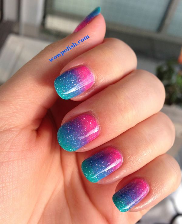 Gradiens Nail Art Pink Blue And Turquoise